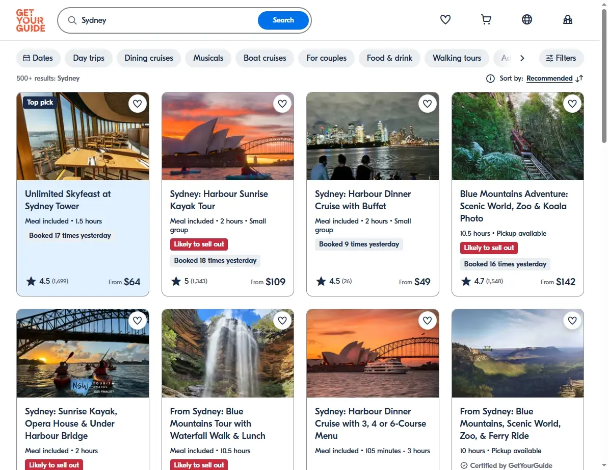 Screenshot of Darwin activities and tours