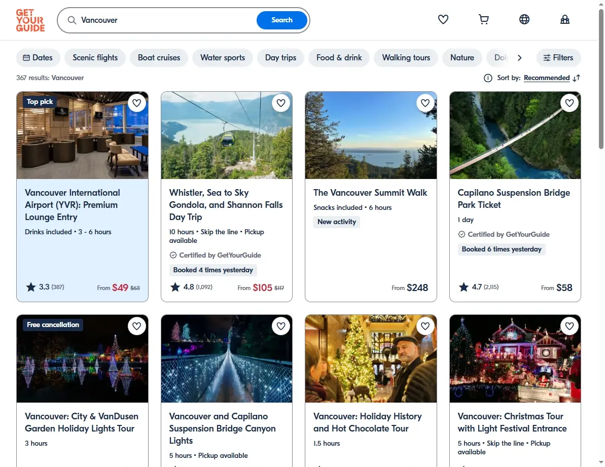 A screenshot of GetYourGuide showing activities and tours available in Vancouver, BC.