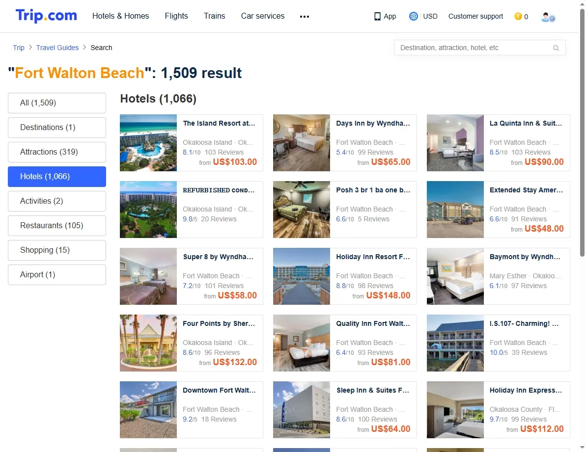A screenshot of a hotel booking website showing hotels in Fort Walton Beach