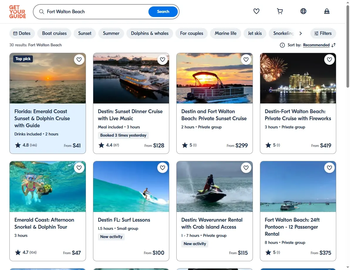 A screenshot of an activities booking website showing tours and attractions in Fort Walton Beach