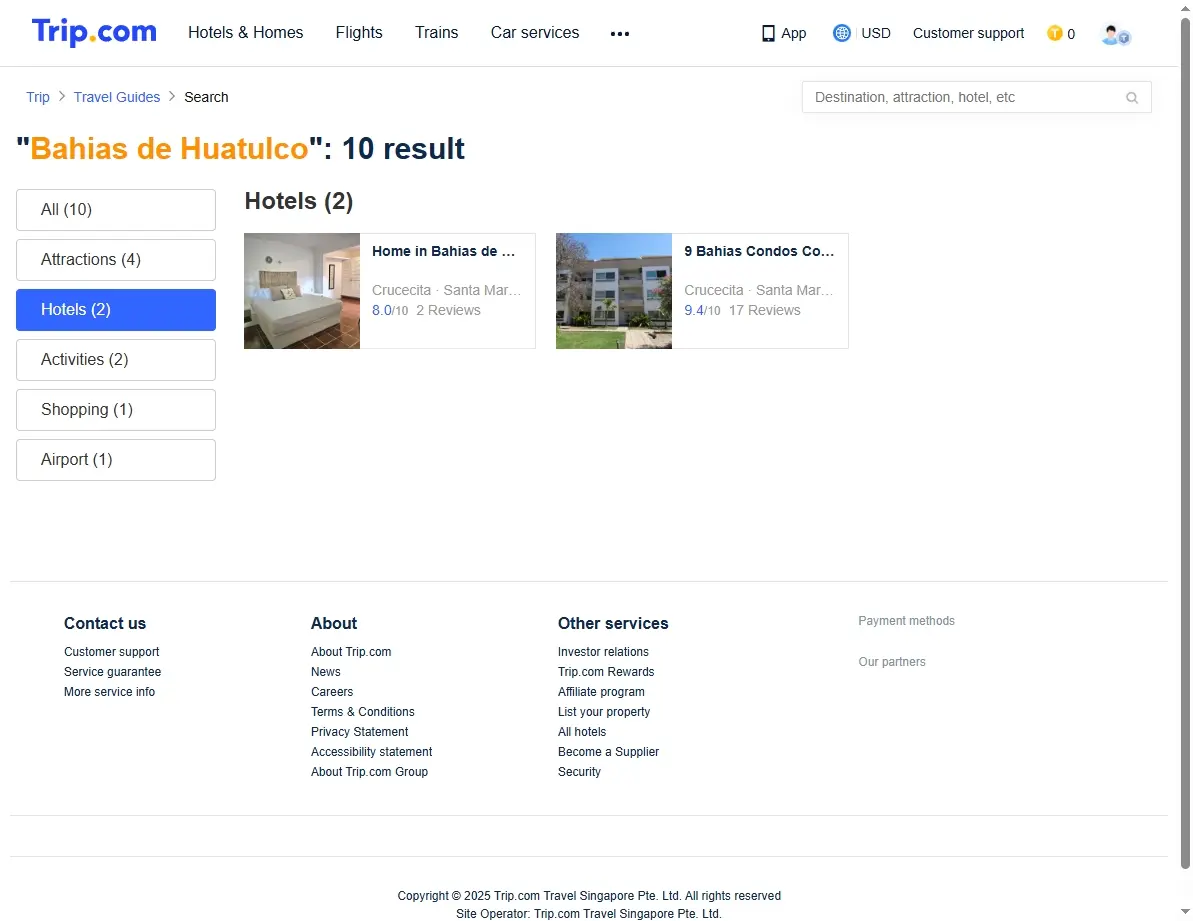 Screenshot of hotel offers in Bahias de Huatulco