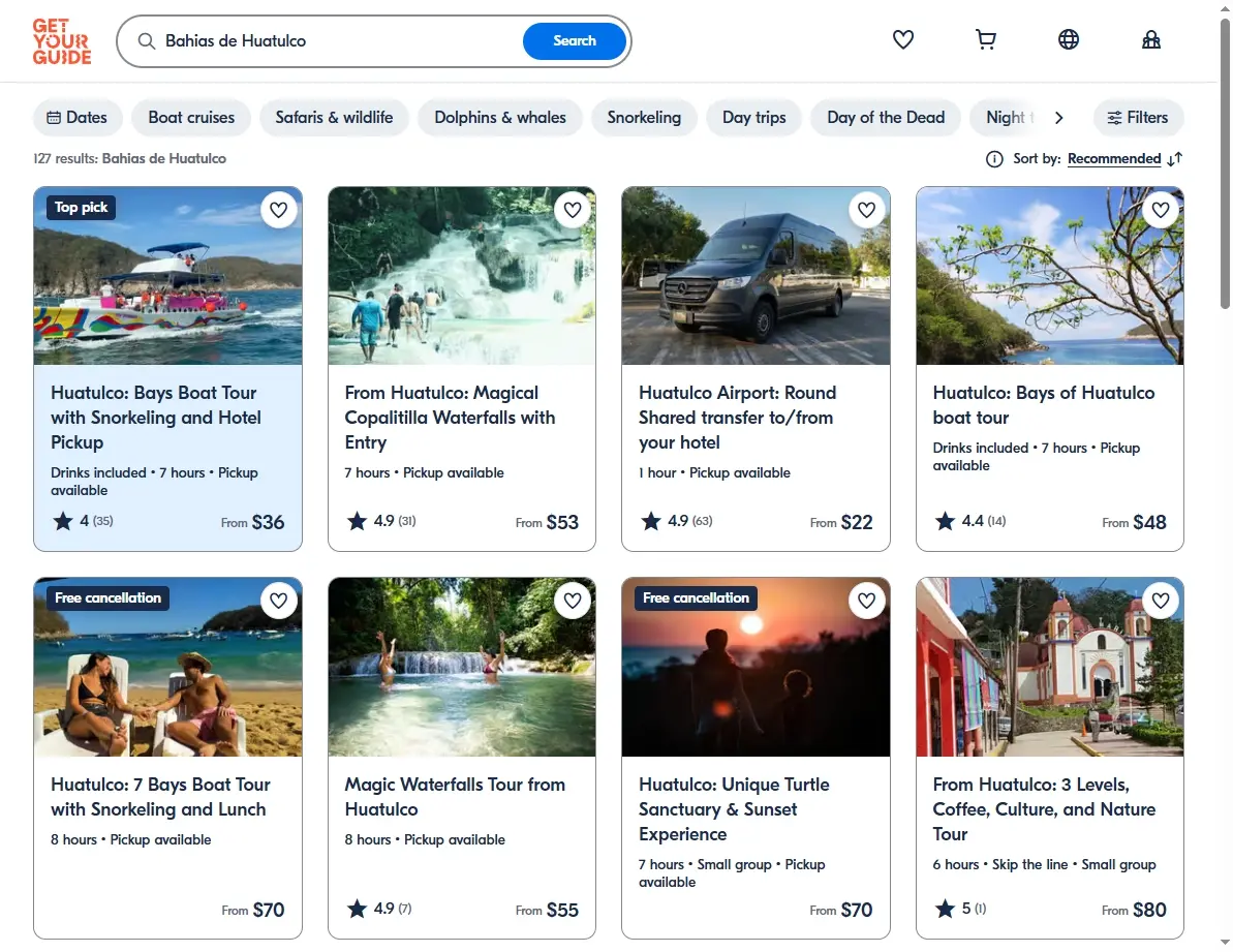 Screenshot of activity and tour offers in Bahias de Huatulco