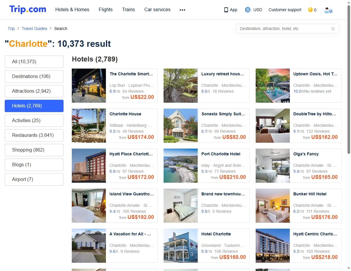 Screenshot of hotel offers in Charlotte, North Carolina