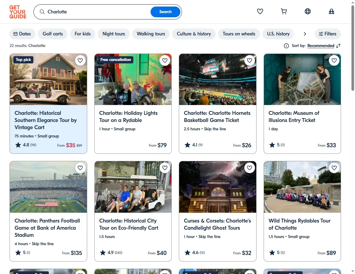 Screenshot of activity and tour offers in Charlotte