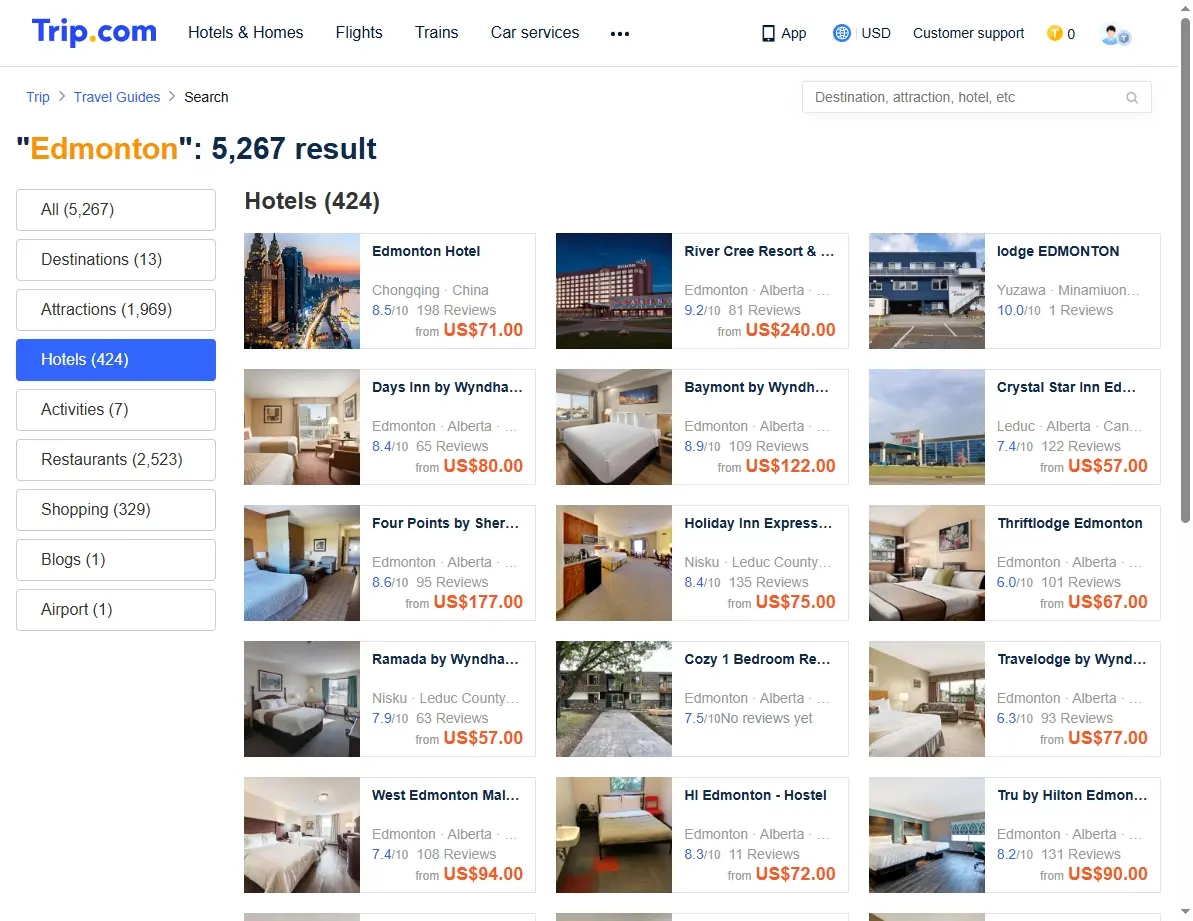 Screenshot of hotel listings in Edmonton, showing various price points and reviews.