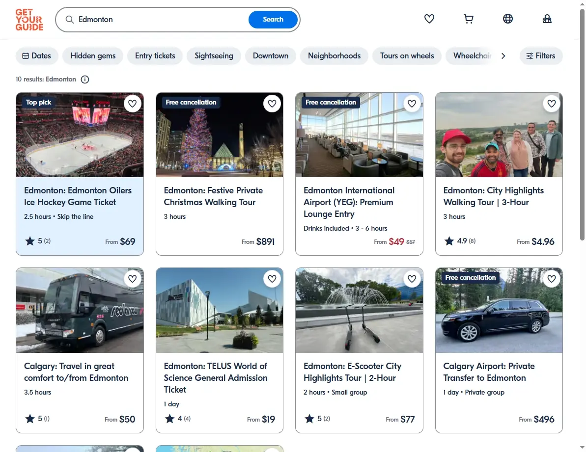 Screenshot of activity booking platform showing tours and attractions in Edmonton.