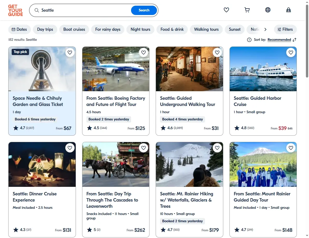 Screenshot of activities and tours in Seattle