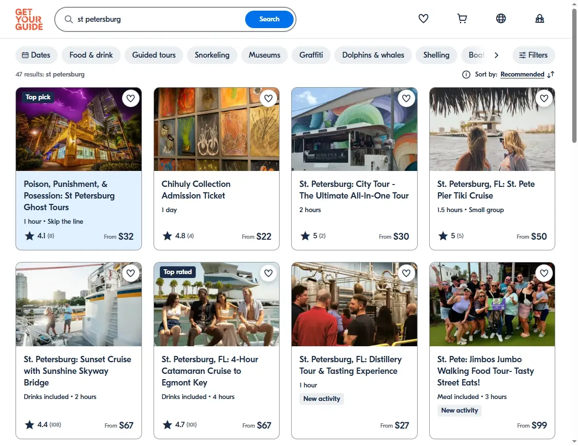 Screenshot of activity search results page showing tours and excursions