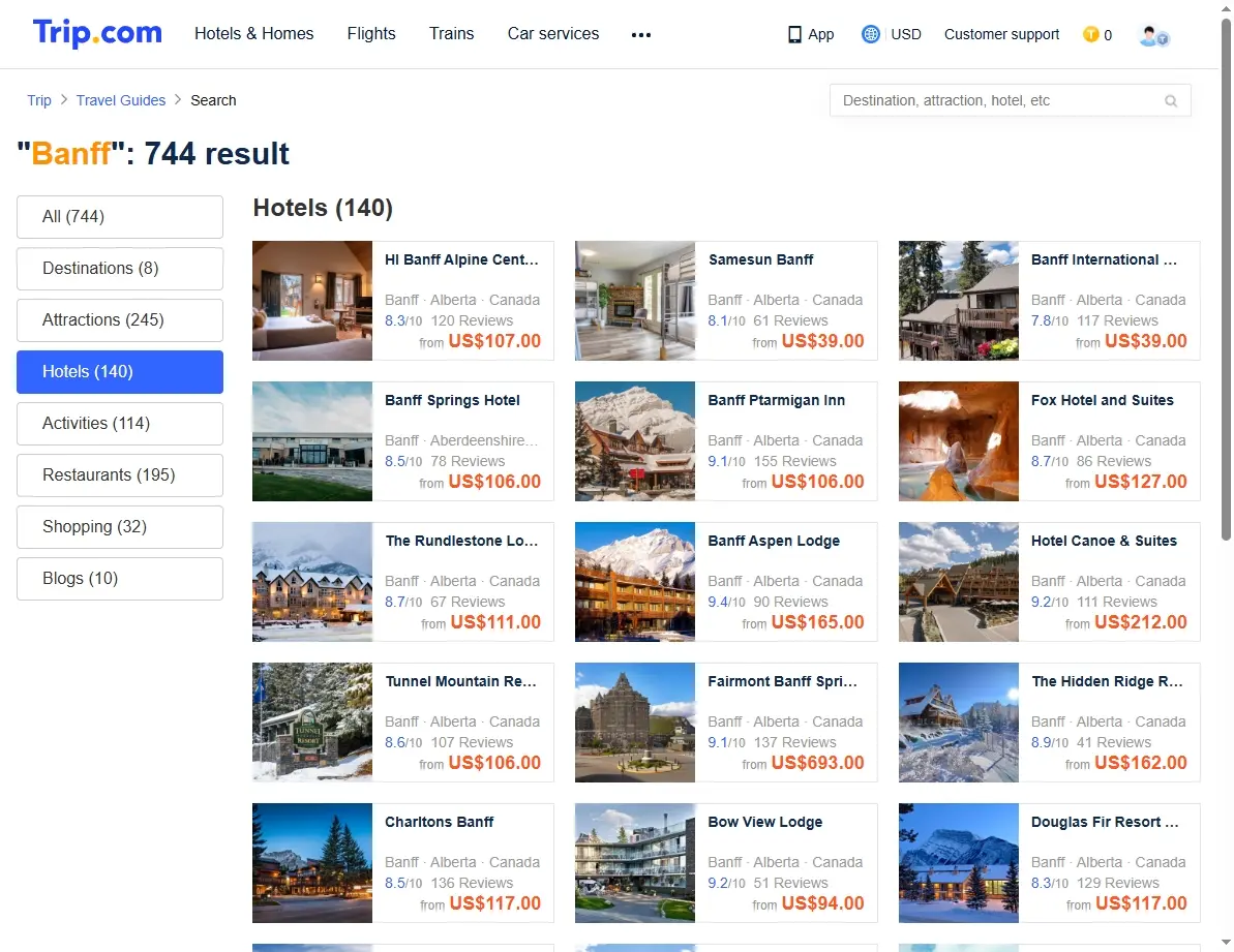 Screenshot of hotel offers for Banff on a booking site