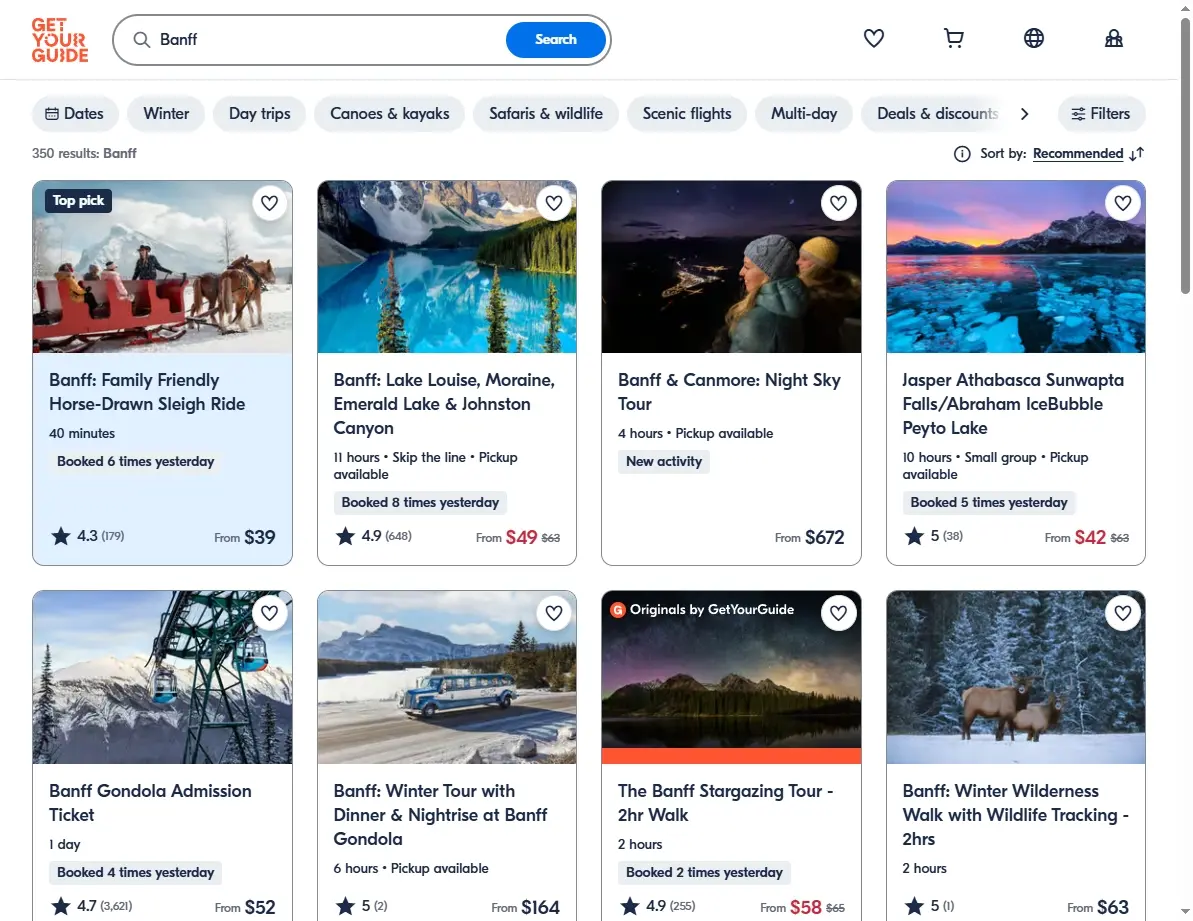 Screenshot of activity booking platform showing Banff tours