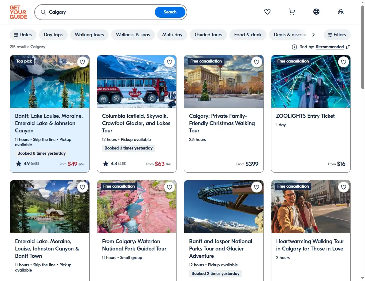 Screenshot of activities and tours available in Calgary