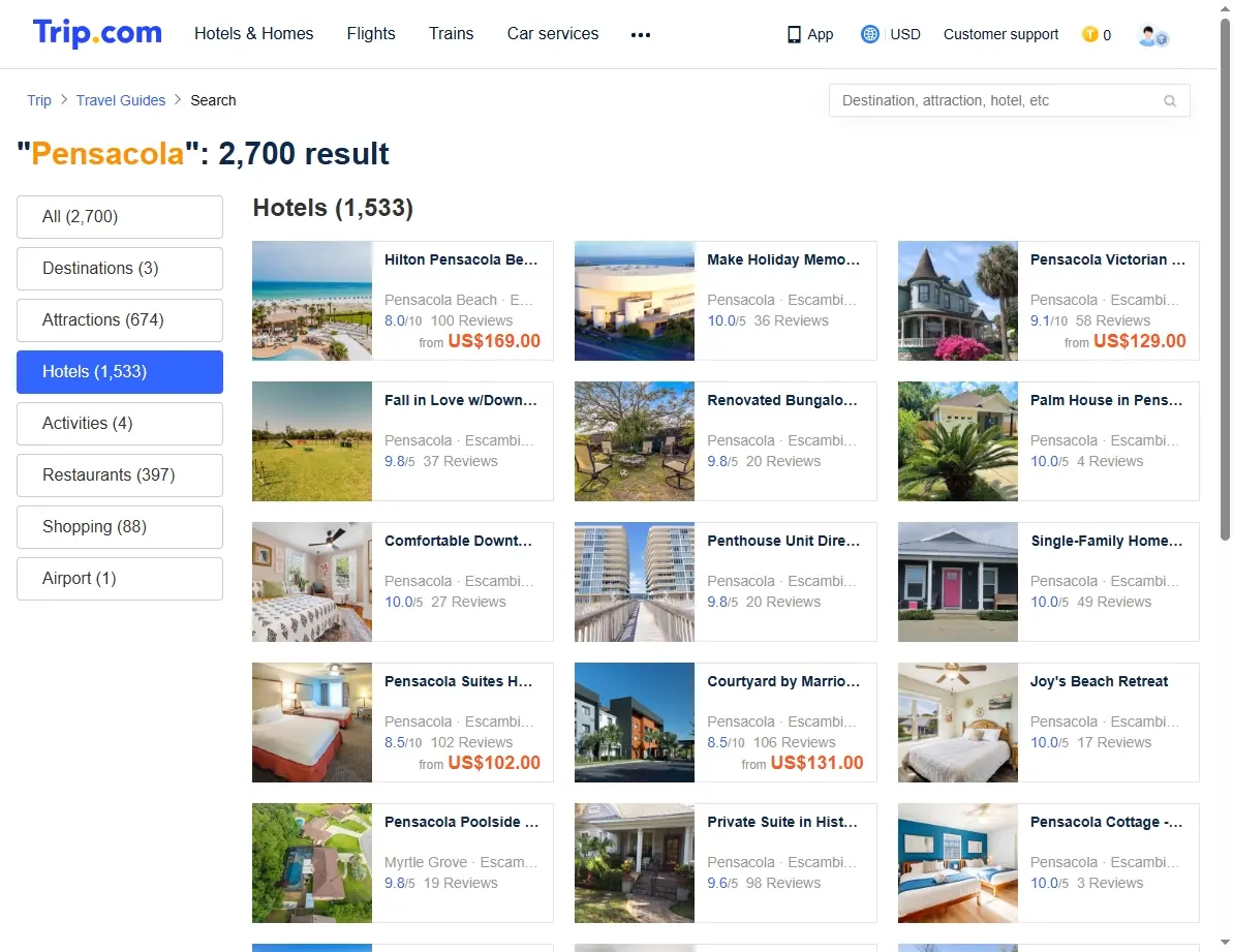 Screenshot of a hotel booking website showing hotels in Pensacola, Florida with various deals.
