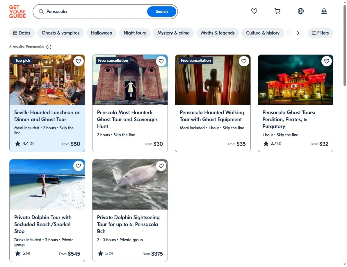 Screenshot of an activities website showing tours and fun things to do in Pensacola.