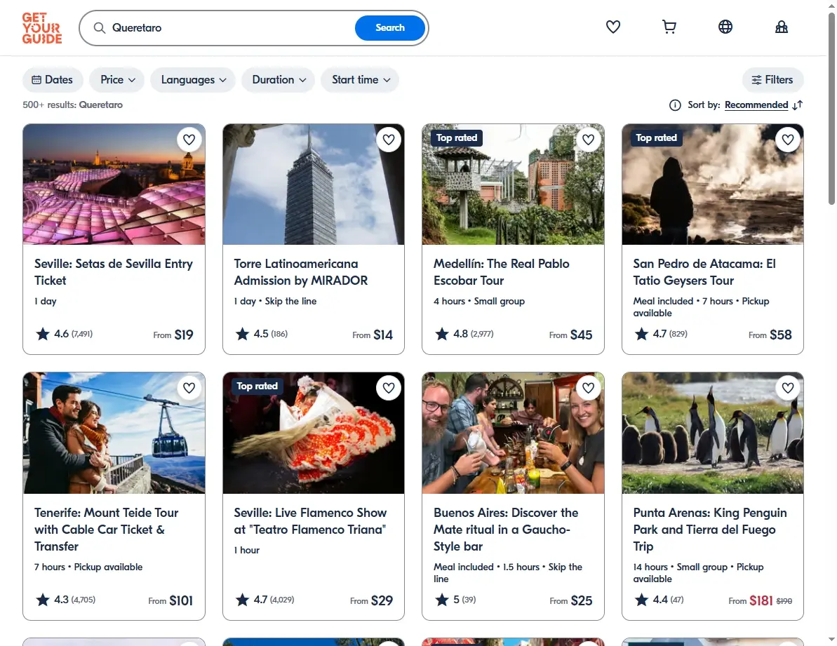 Screenshot of GetYourGuide showing activities and tours in Queretaro.