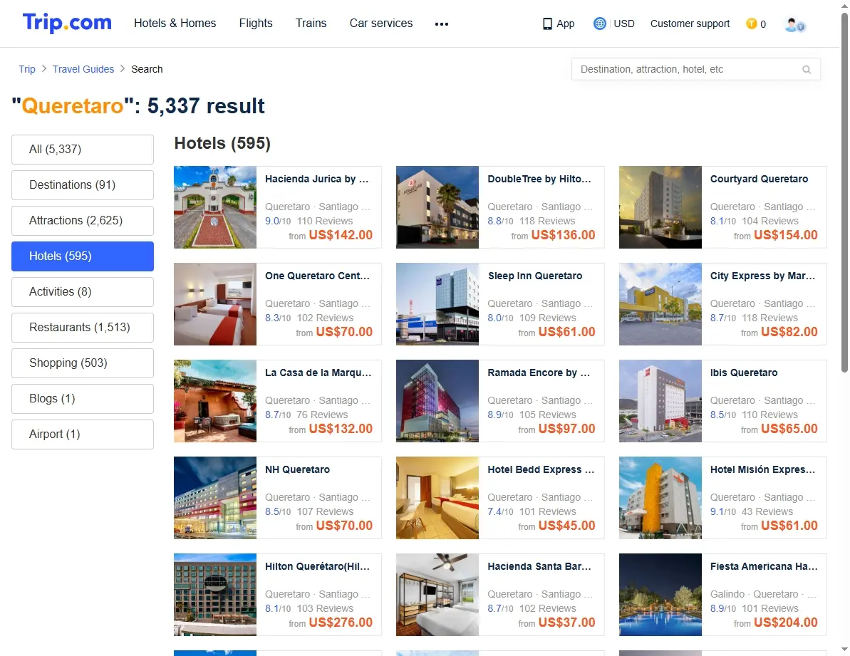 Screenshot of a hotel booking website showing various hotel offers in Queretaro.