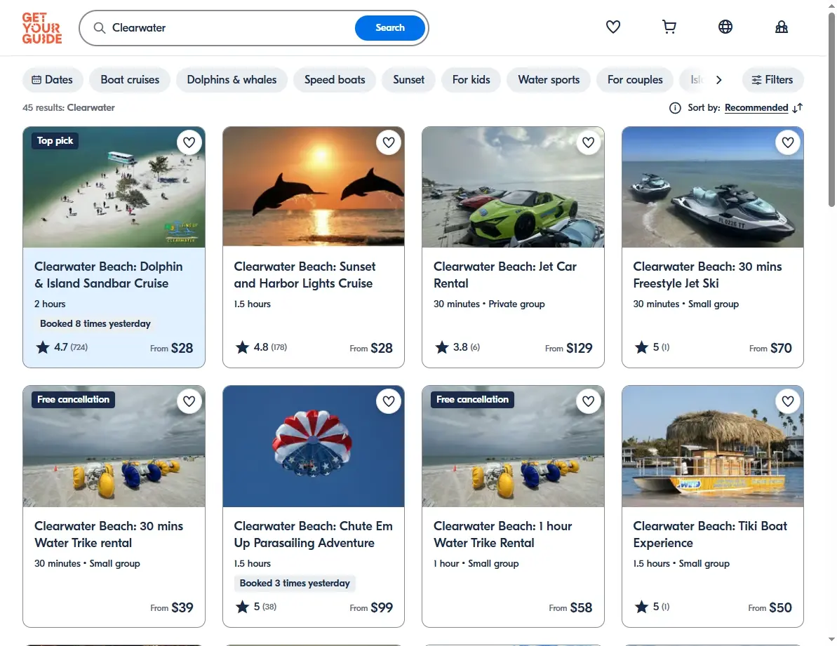 Screenshot of activities and tours available in Clearwater on GetYourGuide