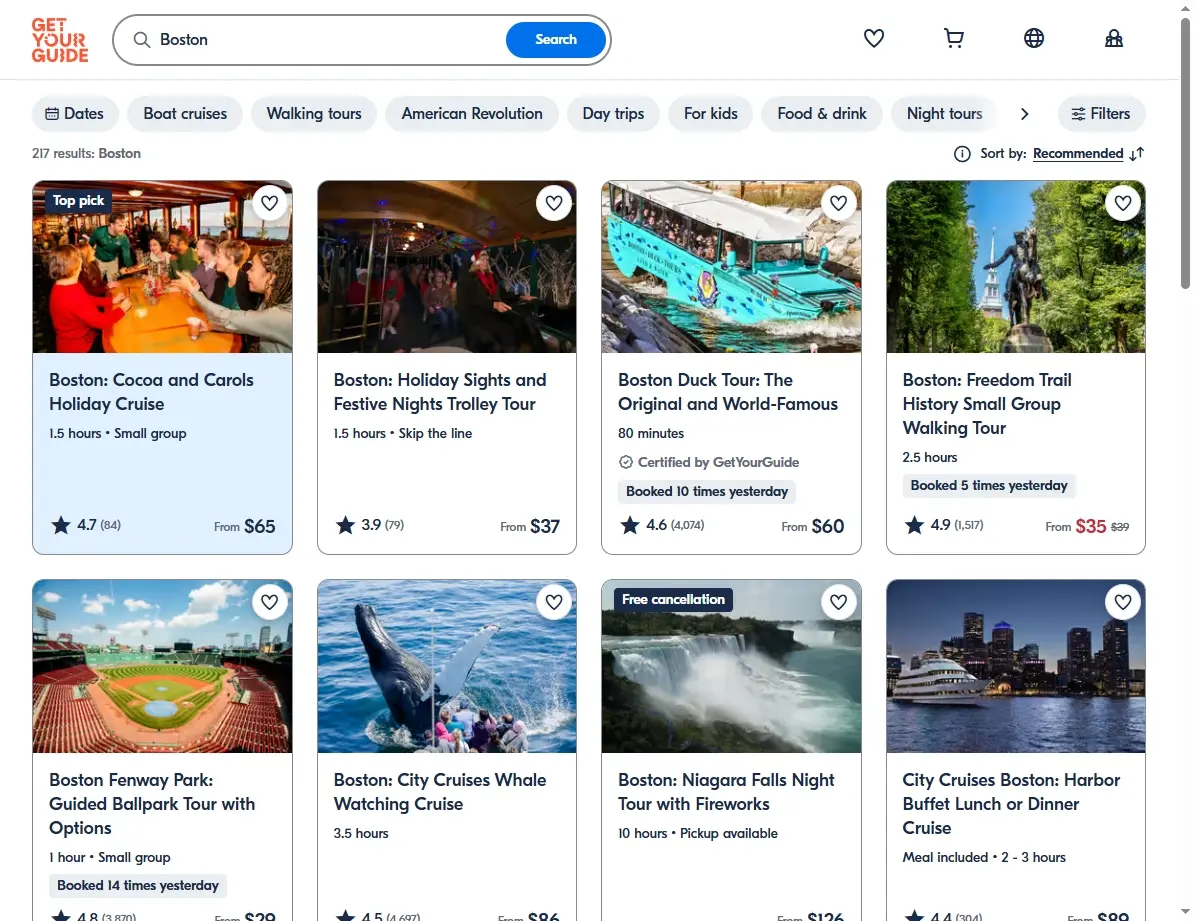 Screenshot showing activities and tours available in Boston.