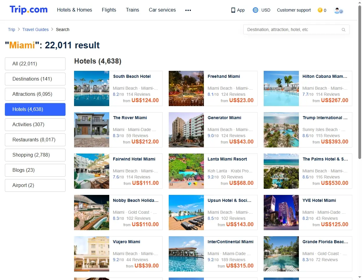 A screenshot showing hotel deals in Miami on Trip.com