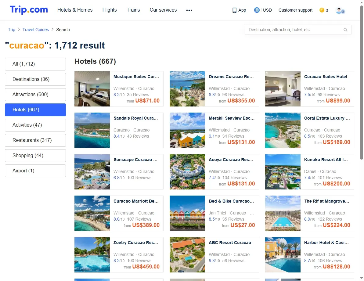 Hotel deals screenshot for Curacao