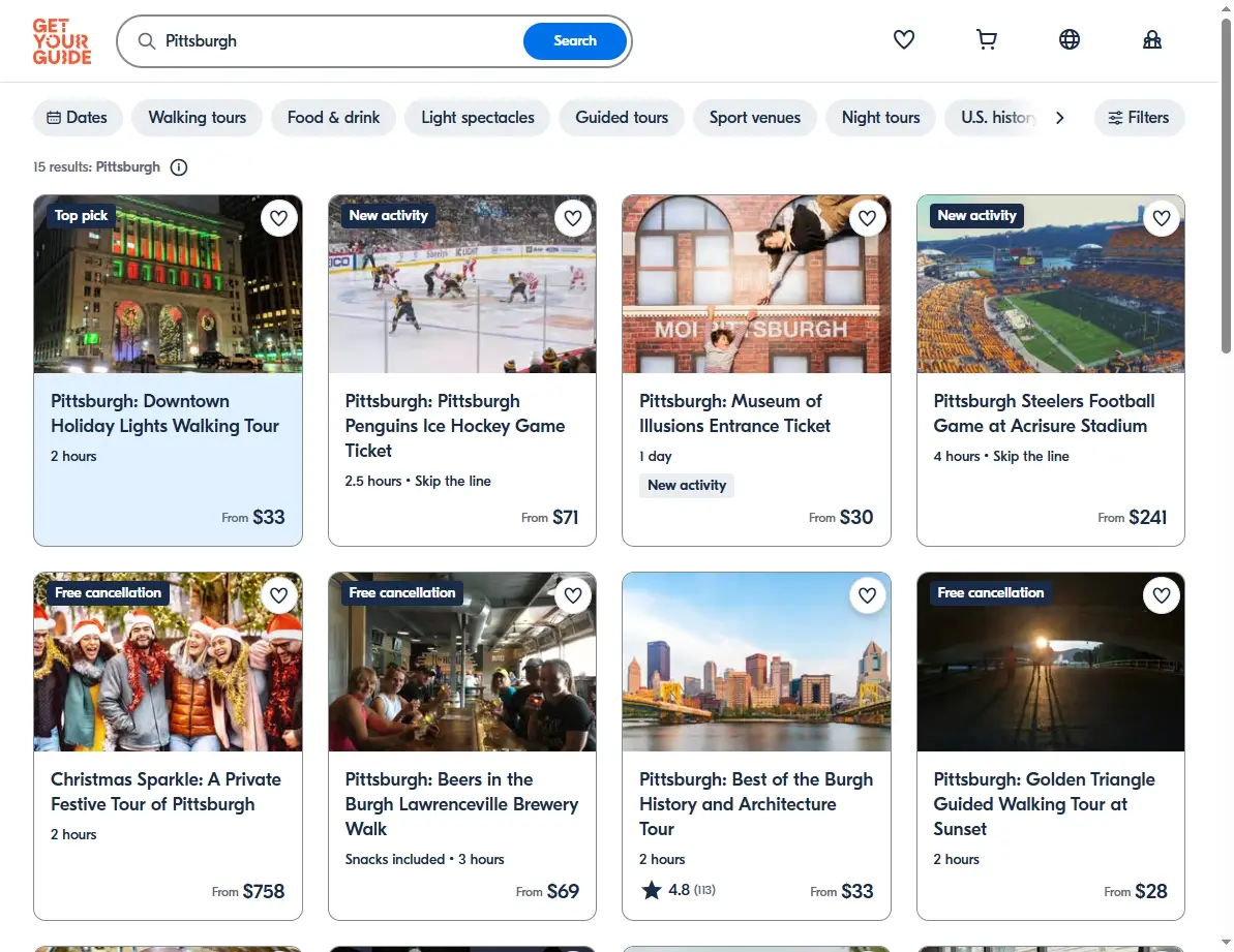 Screenshot of activities and tours in Pittsburgh