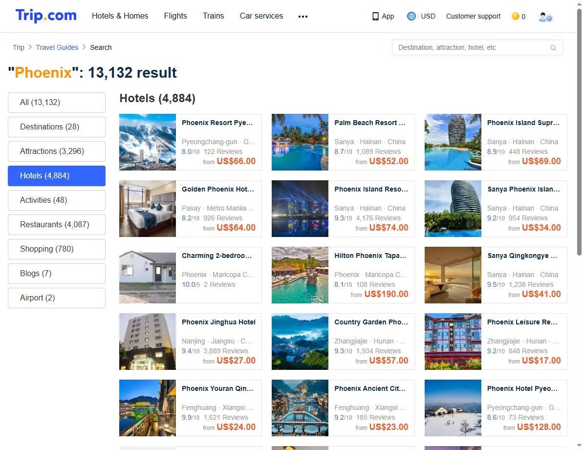 Screenshot of hotel offers in Phoenix
