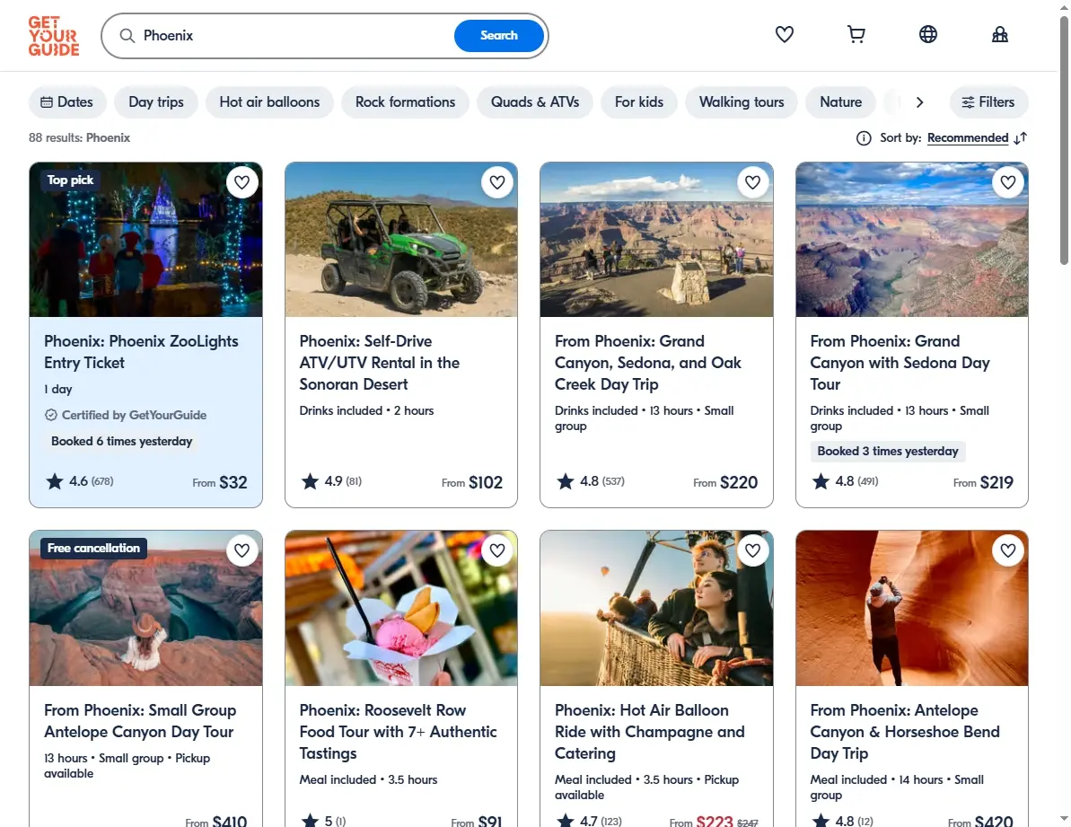 Screenshot of activities and tours available in Phoenix