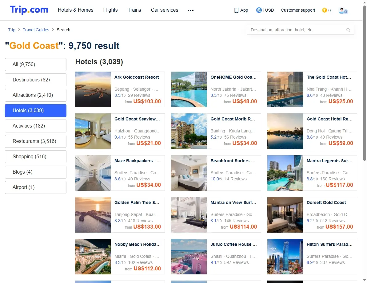 Screenshot of a hotel booking website showing various Gold Coast hotels and room rates.