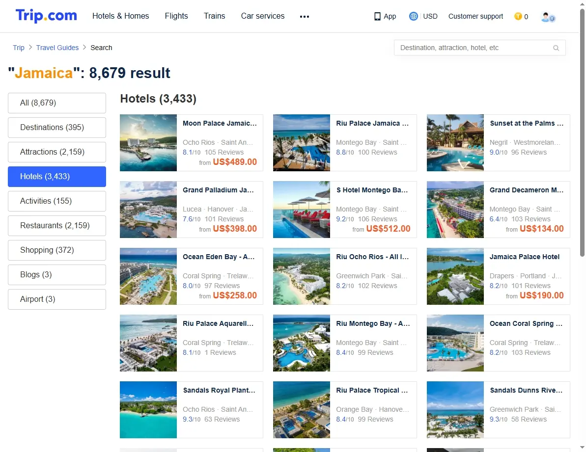 Screenshot of hotel deals website showing resorts in Jamaica.