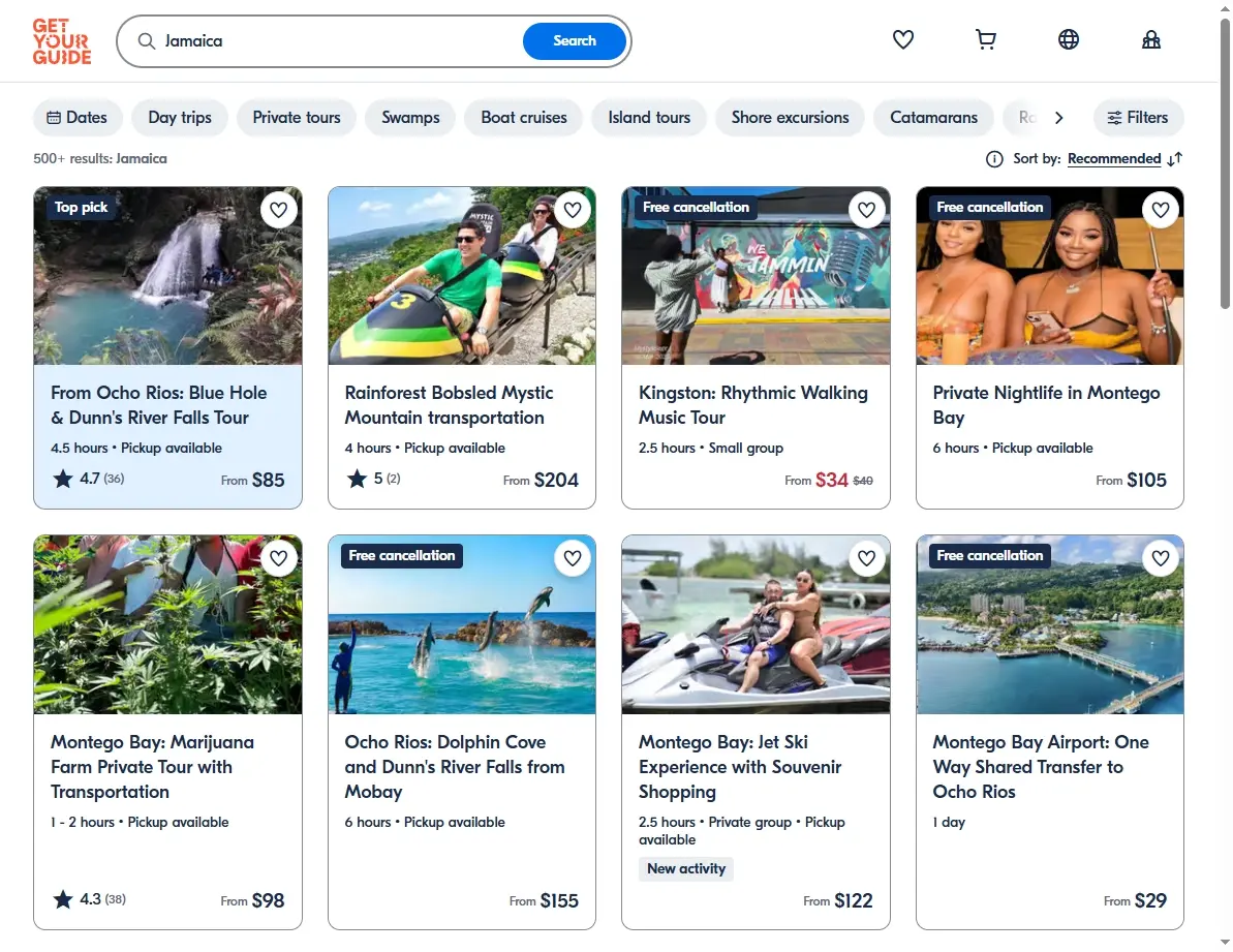 Screenshot of activity booking website showing excursions in Jamaica.