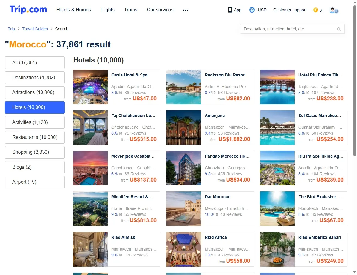 Screenshot of hotel offers in Morocco from Trip.com