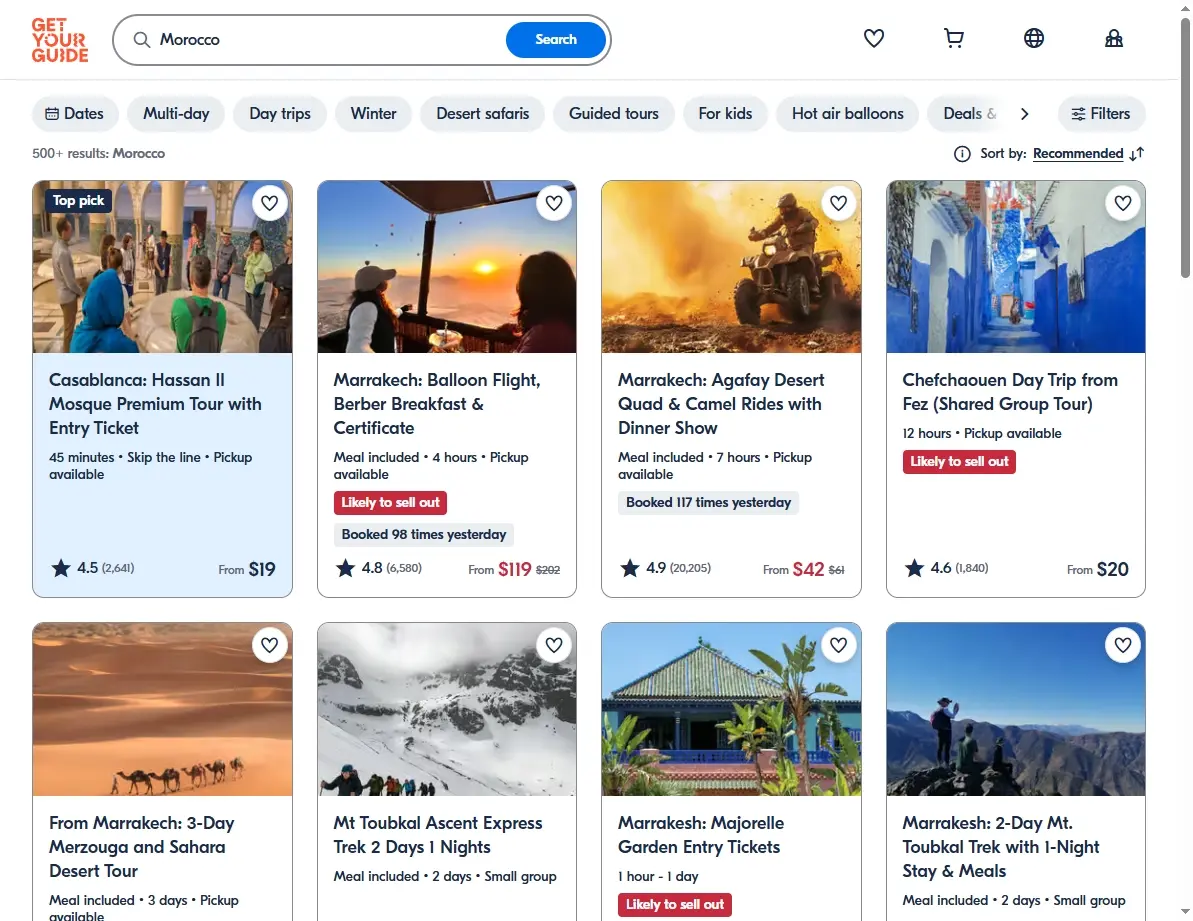 Screenshot of activity and tour offers in Morocco from GetYourGuide
