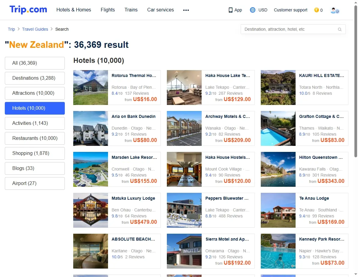 Screenshot of hotel offers in New Zealand from Trip.com
