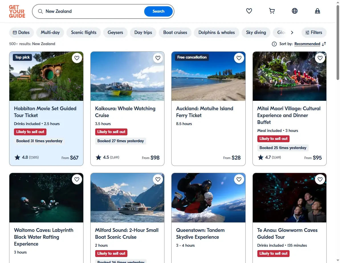 Screenshot of activities and tours available in New Zealand from GetYourGuide
