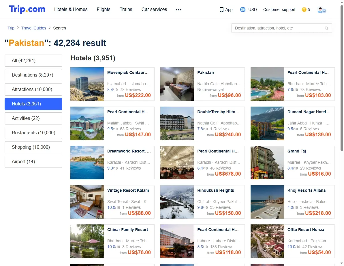 Screenshot of hotel offers in Pakistan on Trip.com