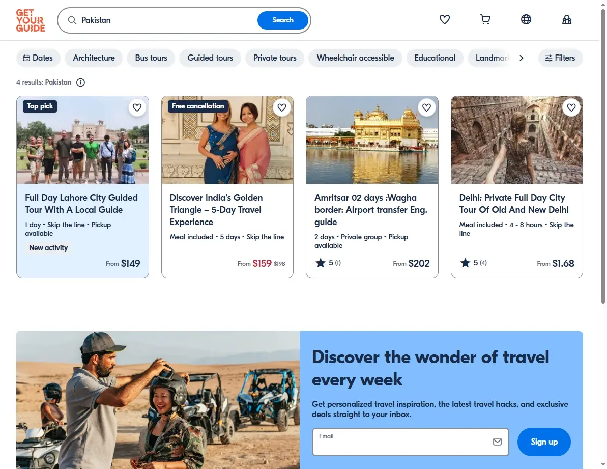 Screenshot of activities and tours available in Pakistan on GetYourGuide