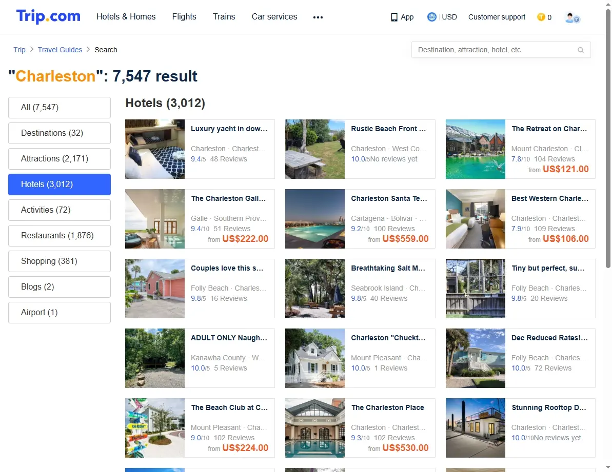 A screenshot of the Trip.com website showing various hotel deals in Charleston, SC.