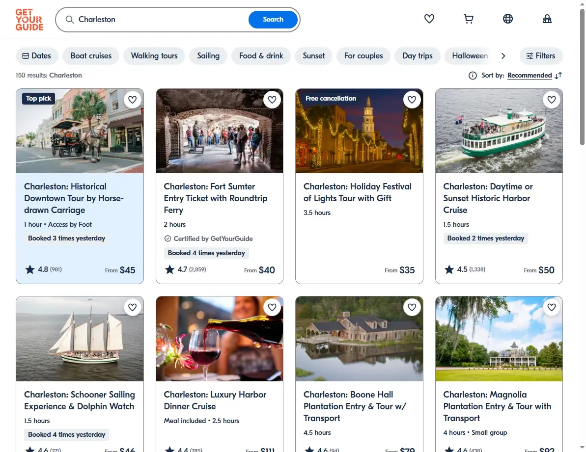 A screenshot of the GetYourGuide website showing various tours and activities in Charleston, SC, like carriage rides.