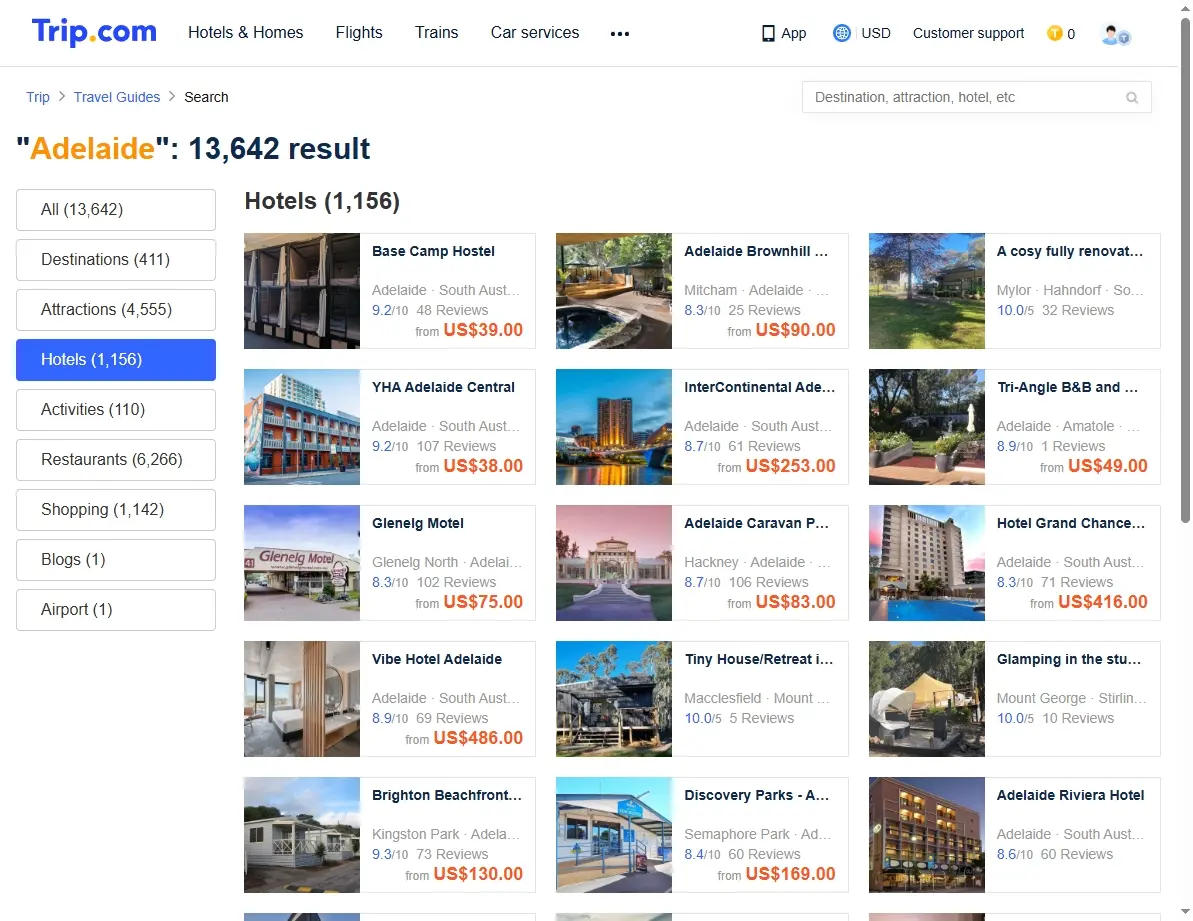 Screenshot of hotel offers in Adelaide city on Trip.com.