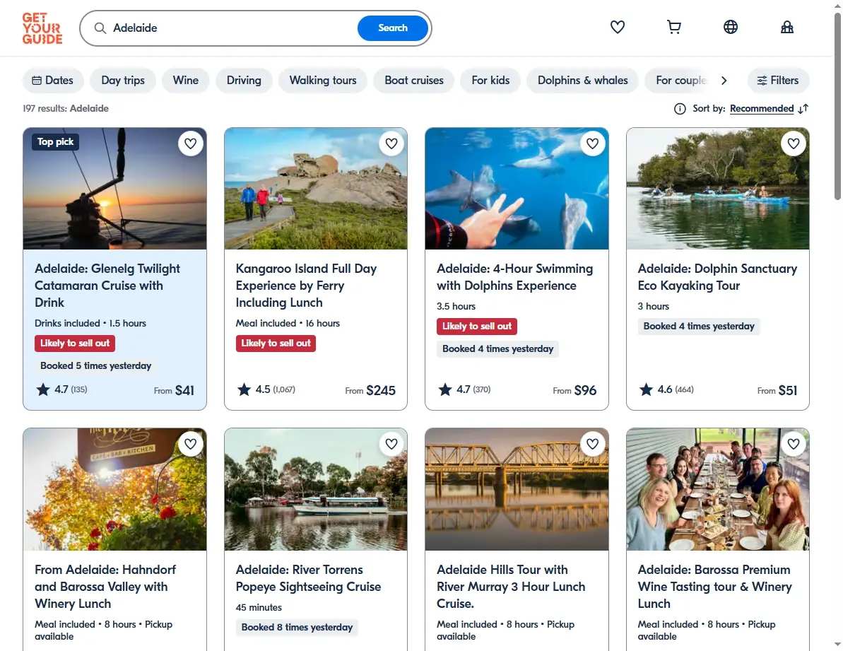 Screenshot of activities and tours available in Adelaide city on GetYourGuide.