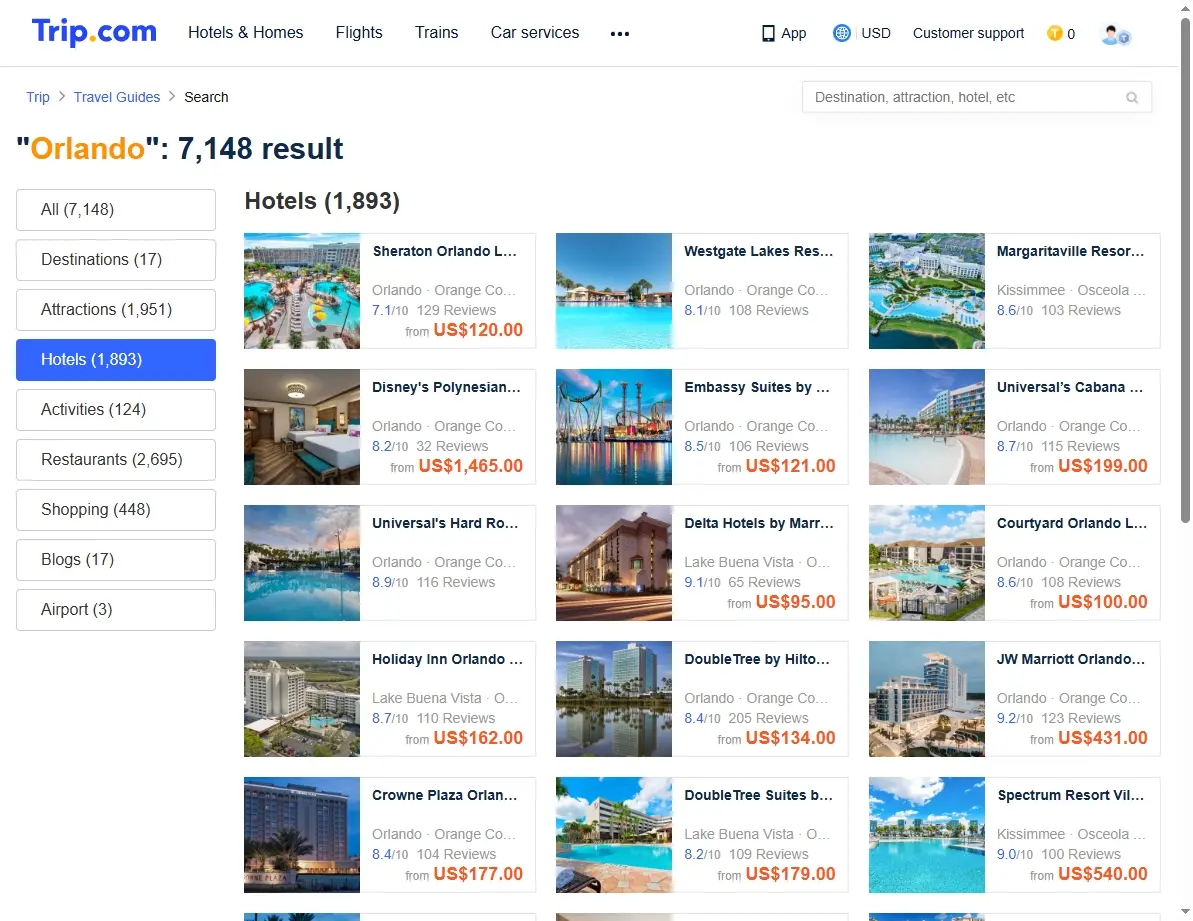 A luxurious hotel pool and resort in Orlando, Florida, with palm trees and sun loungers.