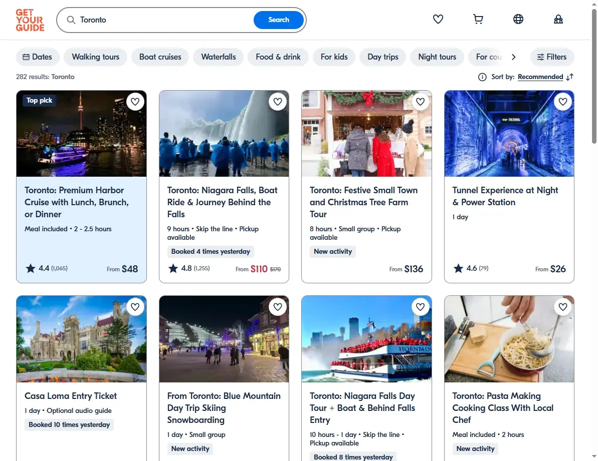 Screenshot showing activities and tours in Toronto on GetYourGuide