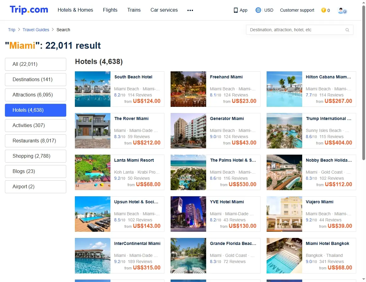 Screenshot showing hotels available in Miami