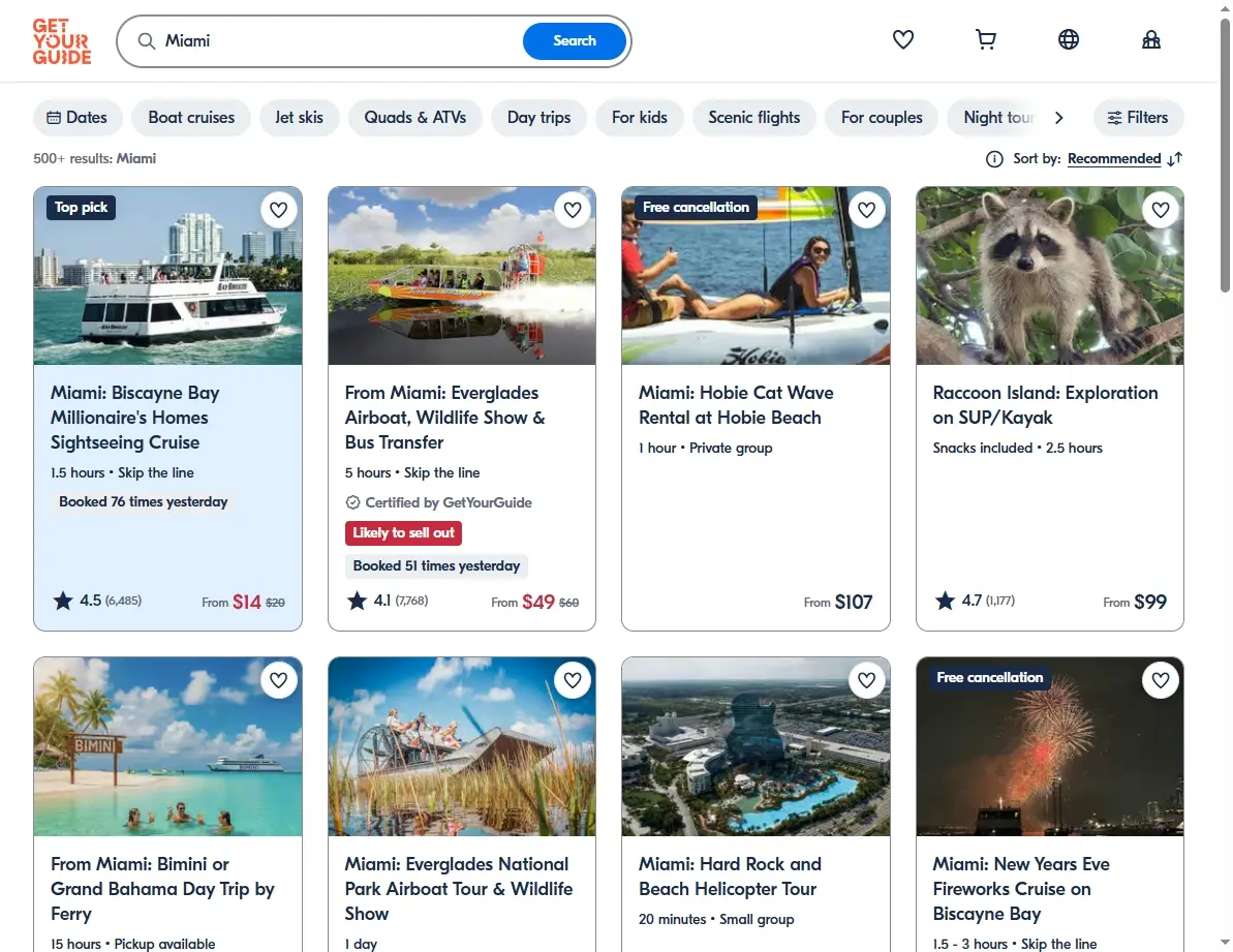 Screenshot showing Miami activities and tours
