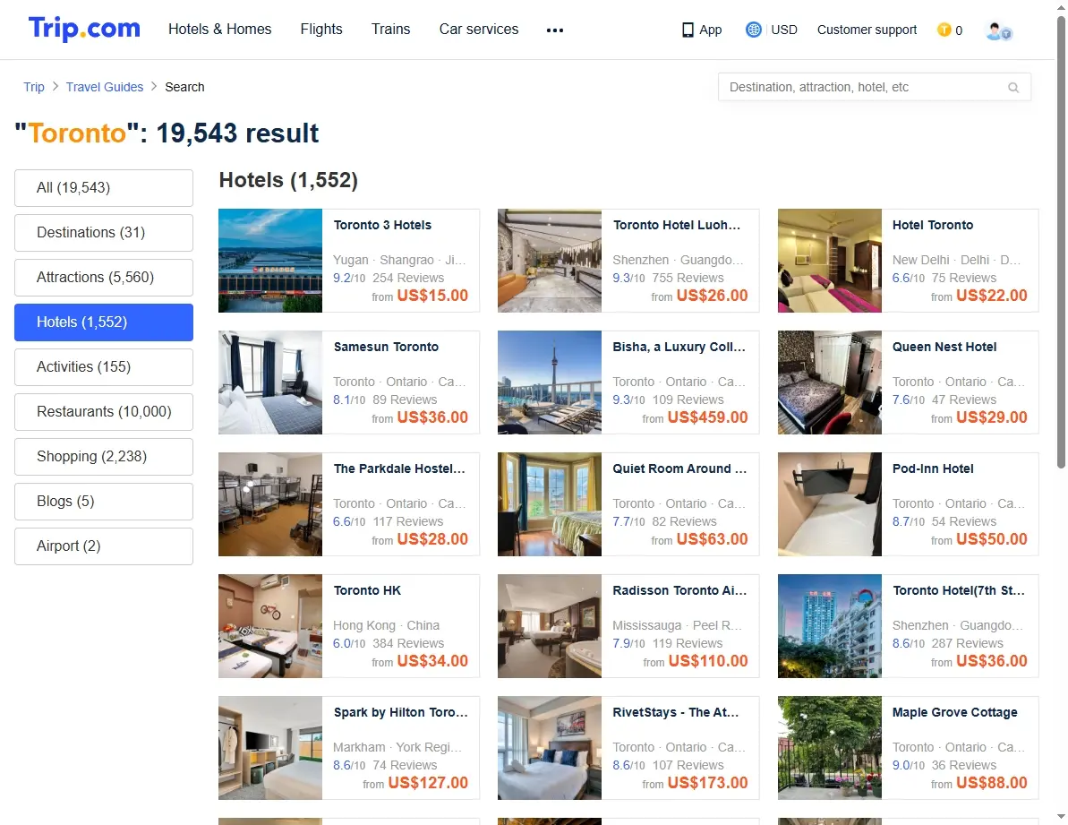 Screenshot of hotel offers in Toronto
