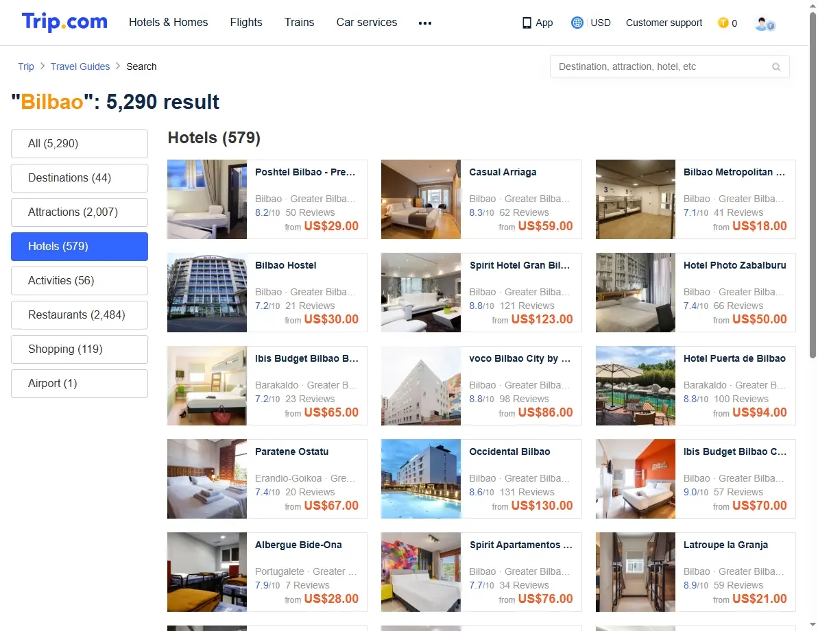 Screenshot of hotel search results page for Bilbao
