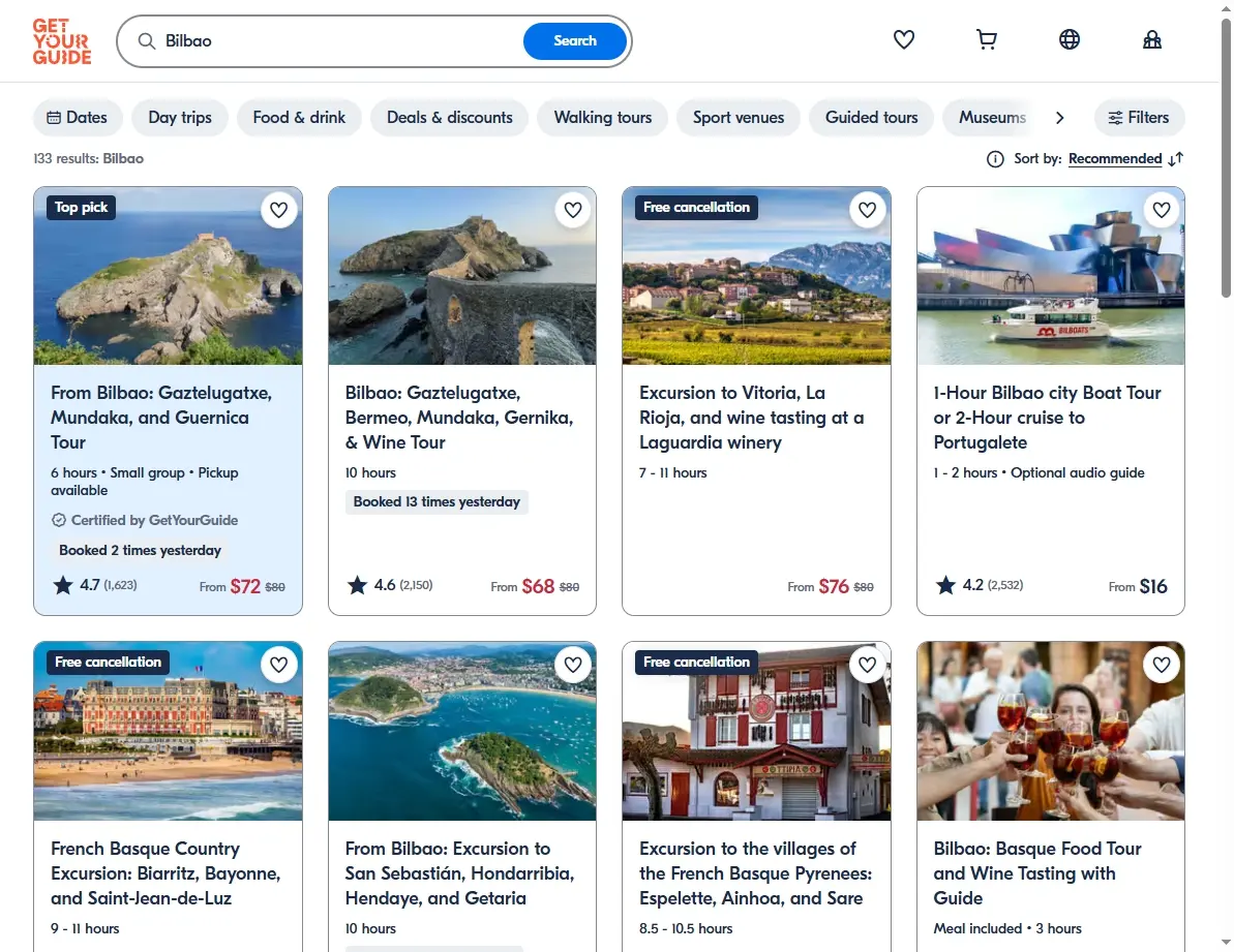 Screenshot of activity booking page for Bilbao tours and experiences