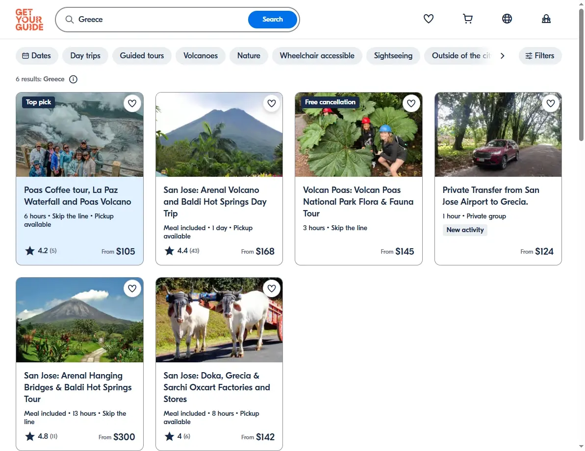 Screenshot of an activity booking website showing tours in Greece