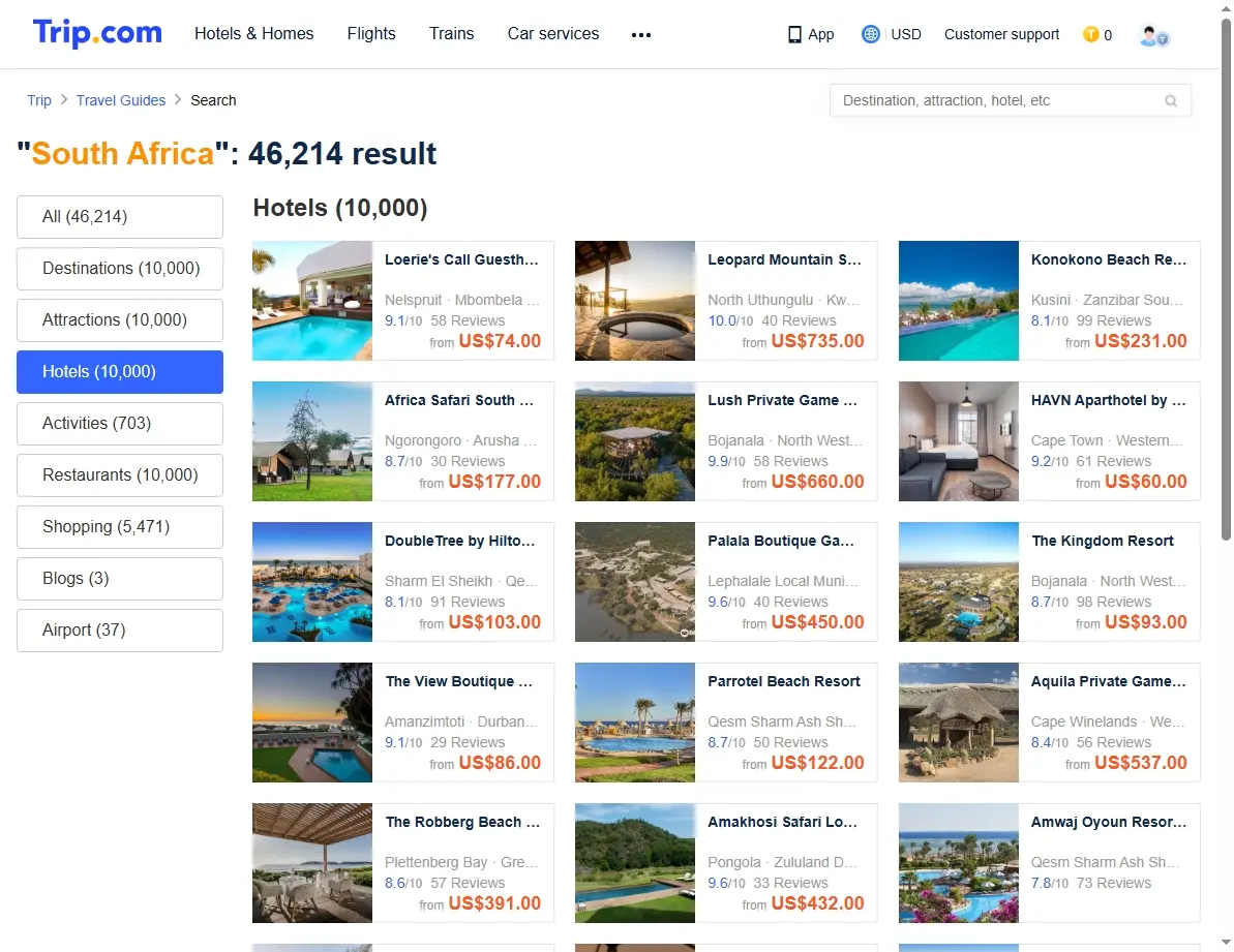 Screenshot of hotel offers in South Africa