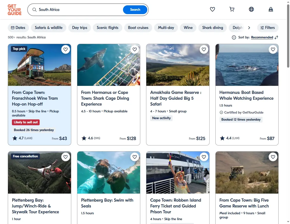 Screenshot of activities and tours in South Africa