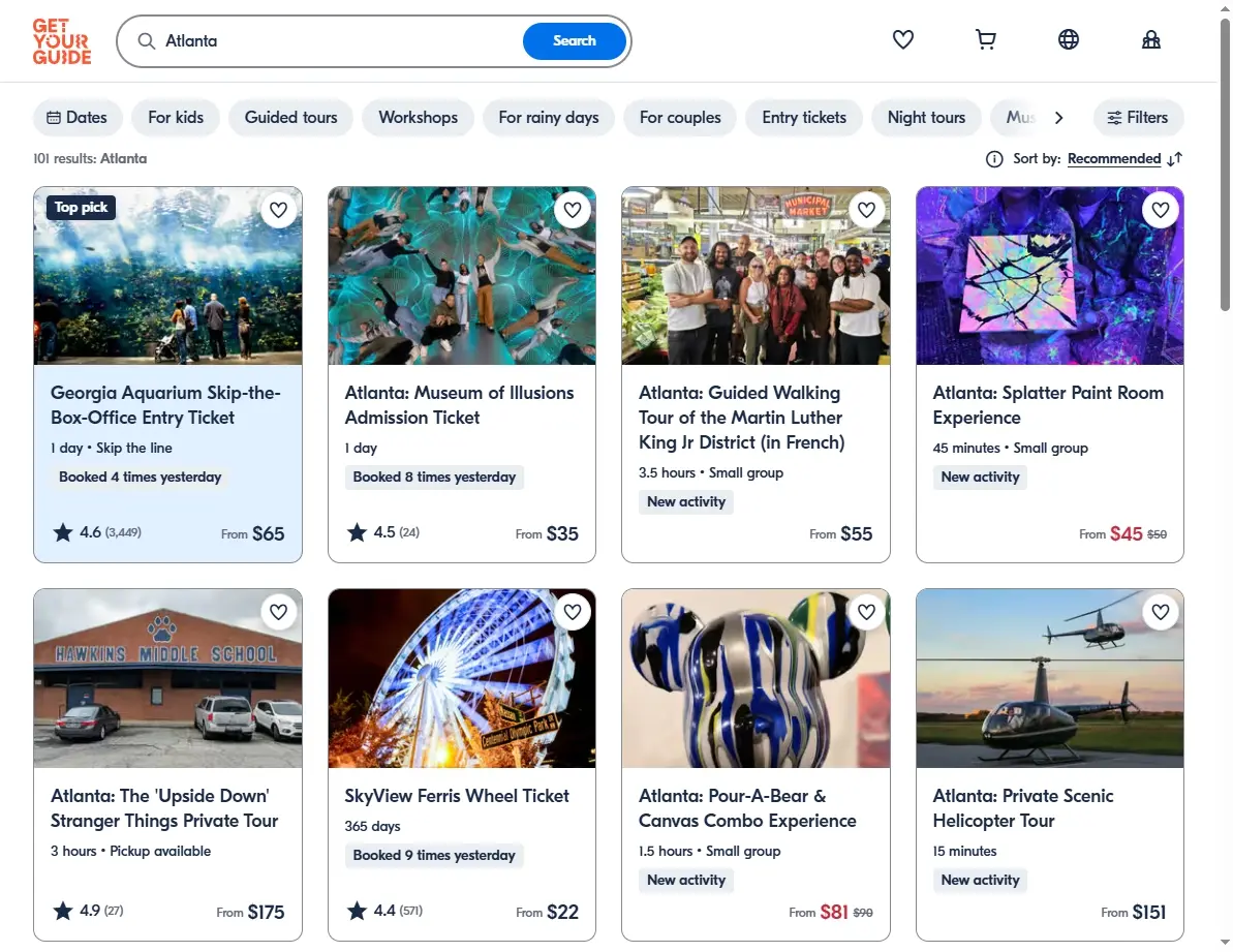 Screenshot showing tours and activities available in Atlanta.